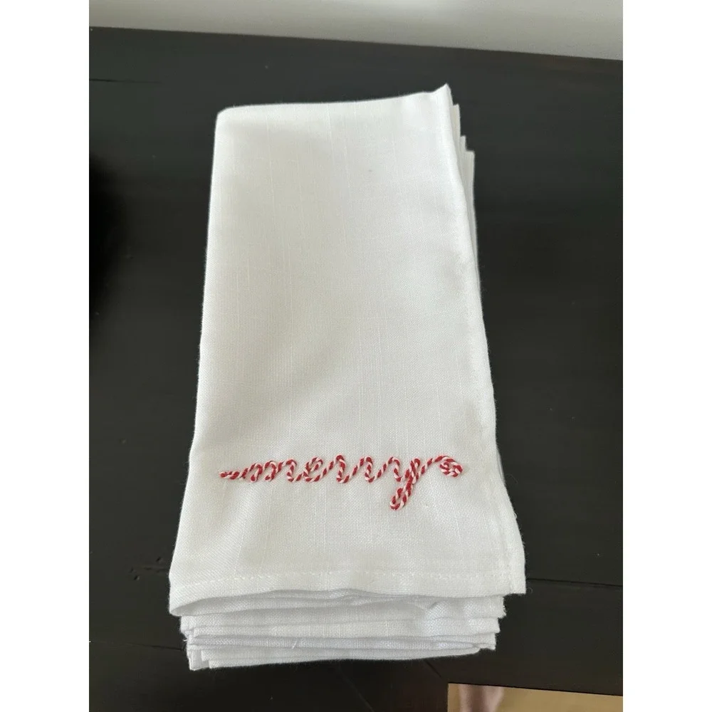Set of 16 White Christmas Cloth Napkins Red Embroidered